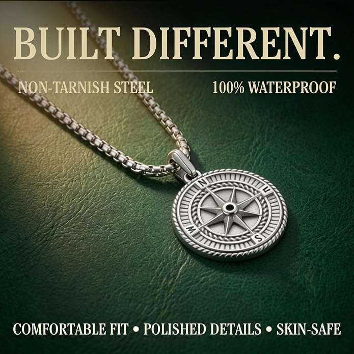 Galis Mens Necklace - Premium Stainless Steel Silver Chain Necklace, Non Tarnish, Chains, Triangle, Cross, Black Enamel, Compass Pendant, Stylish Jewelry - Gift for Him 24"
