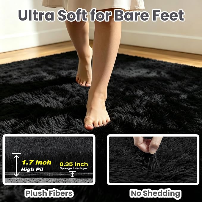 5x7 Area Rug for Living Room, Ultra Soft Fluffy Black Rugs for Bedroom, Non Slip Large Shag Carpet, Fuzzy Plush Nursery Rug, Thick Washable Indoor Floor Carpets for Kids Office Dorm Home Decor