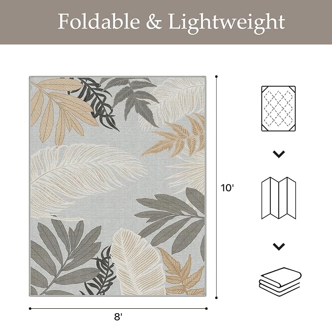 GENIMO 8x10 Outdoor Rug, Washable Quick Dry for Patio, Sand Grey | Botanical leaf design for backyard; fade resistant chenille with quick-dry non-slip backing for indoor living rooms.