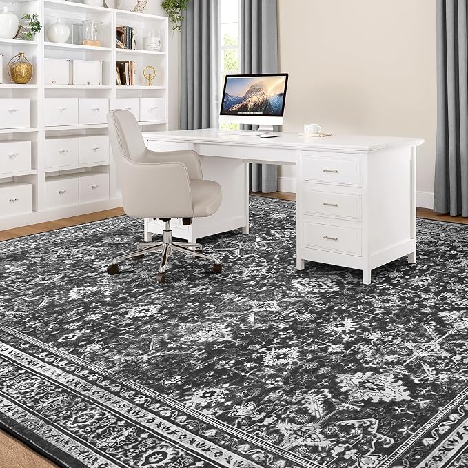 Lofus 9x12 Area Rug for Living Room,Black Washable Area Rugs with Non-Slip Backing,Soft Boho Carpets for Bedroom Dining Room Home Office Indoor Nursery