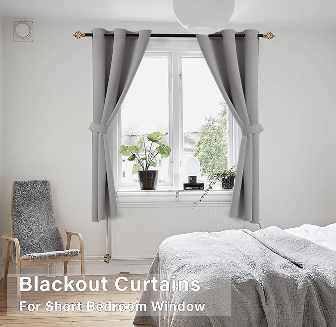 KOUFALL 45 Inch Length Kitchen Blackout Curtains Set of 2 Grommet Room Darkening Short Small Curtains for Bathroom Kids Room Bedroom 34x45 in Long Light Grey Gray