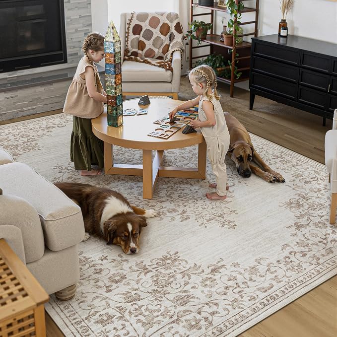 Area Rug 8x10 Vintage Rug: Large Washable Indoor Medallion Rugs Low Pile Distressed Floor Carpet Retro Accent Rug for Living Room Bedroom Kitchen Dining Table Home Office(Vintage Beige, 8'x10')