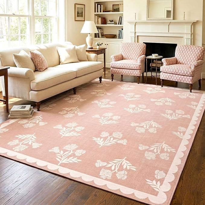 Pink Rugs for Bedroom Girls - 5x7 Cute Pastel Pink Soft Washable Boho Scalloped Bedroom Rug Non Slip Stain Resistant Rugs for Living Room Nursery Kids Playroom Dorm Preppy Baby Room Home Decor