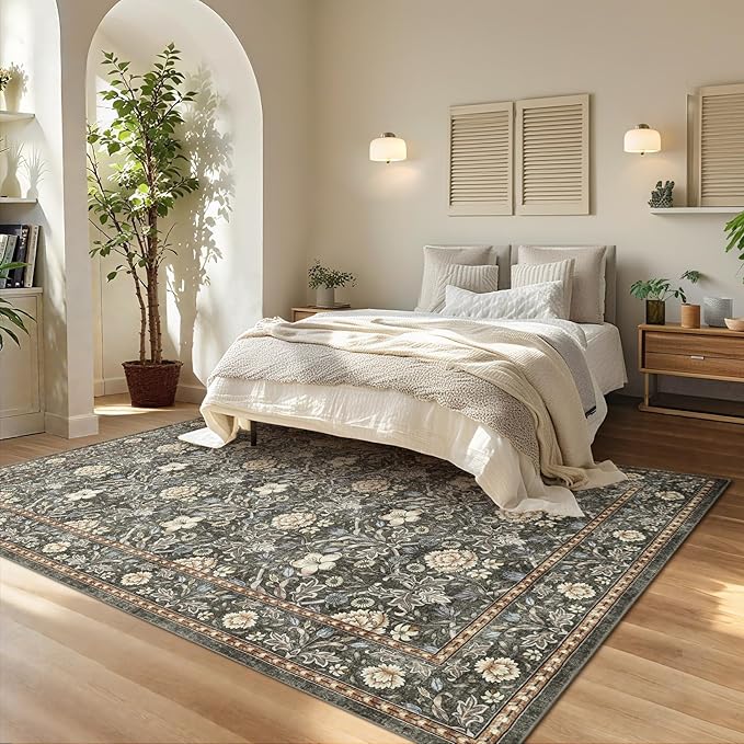 GarveeHome Washable Area Rug 6x9, Soft Vintage Floral Bedroom Rug Non Slip Low Pile Carpet Stain Resistant Gray Throw Rug for Bedside Kids Room Office Dining Room