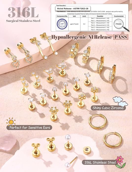 LOLIAS Hypoallergenic Flat Back Earrings for Women Girls-Surgical Stainless Steel Earrings for Sensitive Ears-Cute Flatback Stud Earring Set Small Hoops Cartilage Earring Stacks
