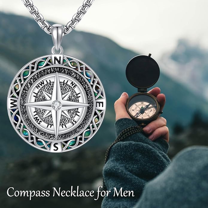 Compass Thor Hammer Necklace Sterling Silver Viking Compass Mjolnir Jewelry Gift for Men