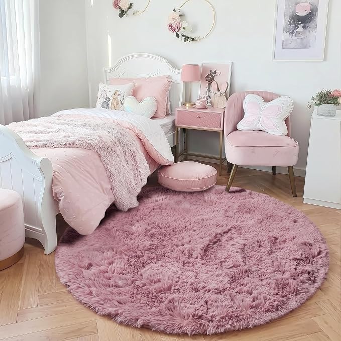 Amdrebio Mauve Pink Round Area Rug 6Ft for Girls Bedroom, Cute Fluffy Shaggy Circle Rugs for Kids Room Decor, Shaggy Furry Carpet for Princess Nursery Playroom, Large Fuzzy Plush Dusty Rose Blush Rug