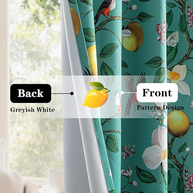 MYSKY HOME Floral Blackout Curtains 63 inch Length 2 Panels Set with Bird Lemon Patterned for Bedroom Room Darkening Noise Reducing Vintage Curtains & Drapes Grommet for Home, 52", Deep Green