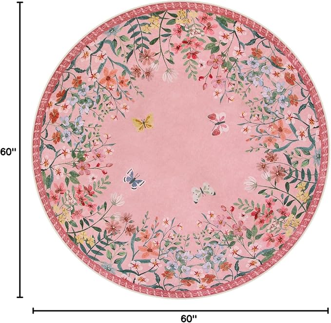 Wonnitar 5ft Round Washable Area Rug, Pink Floral Nursery Rug, Low Pile Soft Circle Rug for Kids Playroom, Boho Flower Accent Carpet, Girls Room Vanity Decor (5ft Round Pink)