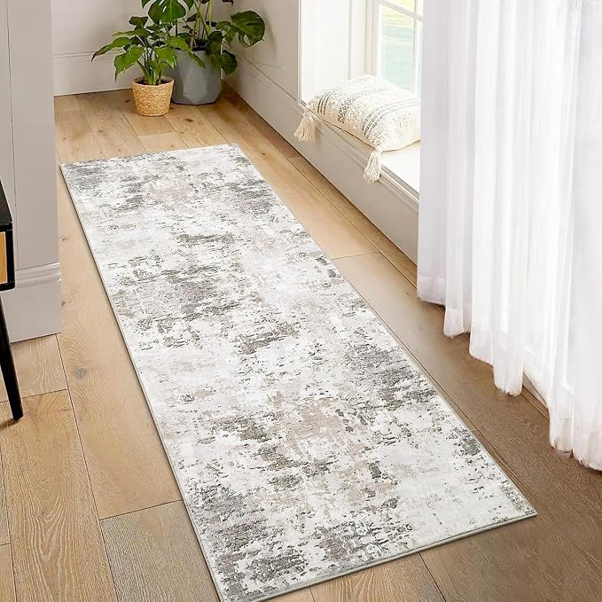 ROYHOME Modern Abstract 2x10 Runner Rug Non Slip Non Shedding Rug Low Pile Stain Resistant for Bedroom Hallway Kitchen,Taupe/Beige