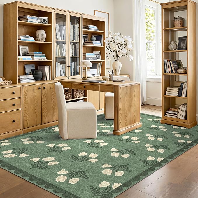 6x9 Area Rugs for Living Room - Washable Sage Green Scalloped Boho Bedroom Rug Stain Resistant Dining Room Rugs for Under Table Non Slip Soft Carpet for Living Room Bedroom Nursery Foyer