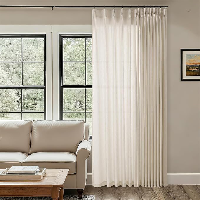Extra Wide Beige Linen Pinch Pleated 100 x 108 Curtains Semi Sheer | Light Filtering Pleat Drapes, for Living Room Patio Glass Sliding Door, Hooks Rings, Back Tab, 100 Inch Wide, 108 Inch Long