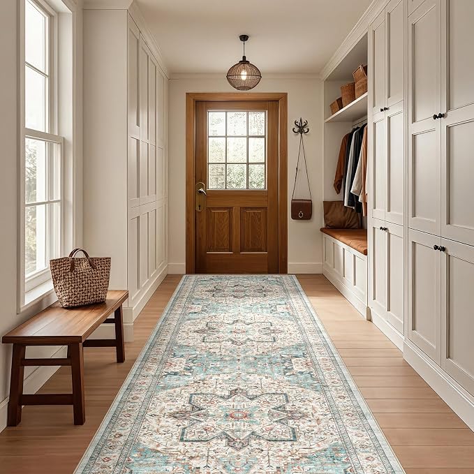 Tortania Area Rug 2x6 Runner Rugs - Washable Vintage Oriental Farmhouse Thin Indoor Carpet for Living Room Bedroom Hallway Entryway Kitchen Under Dining Table Home Office - Aqua Multi
