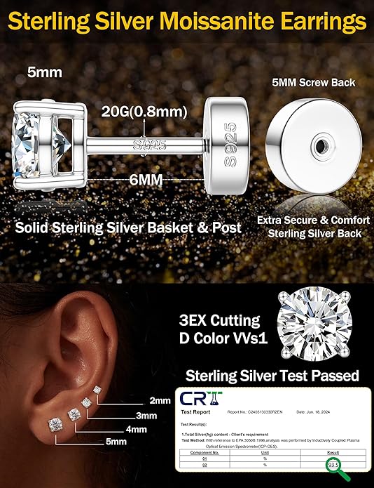 Moissanite Earrings for Men Women：Hypoallergenic Flat Back Earrings 925 Sterling Silver Stud Earring Small D Color VVS1 Moissanite 14K White Gold Plated Helix Cartilage Earring Studs Gift Jewelry
