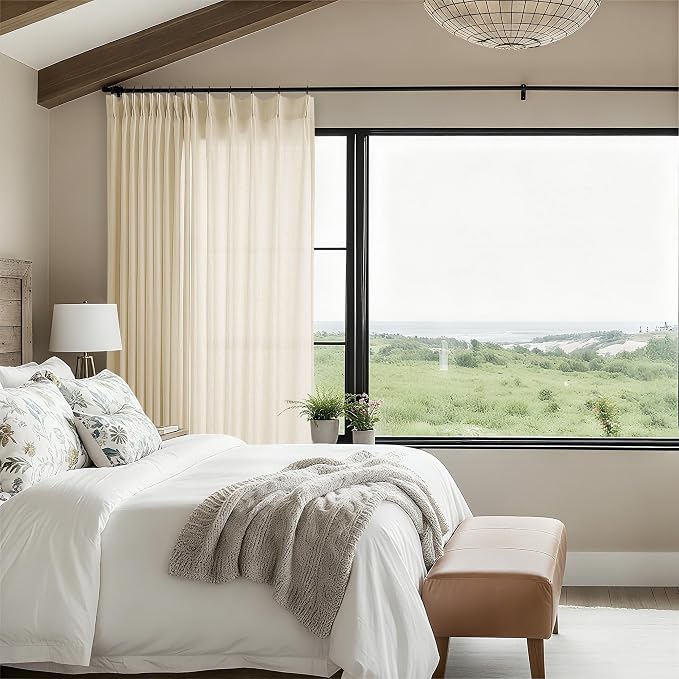 Sheer Curtains 84 Inches Long 100 Inch Wide Extra Wide Linen Pleated | Sliding Glass Door Drapes, for Patio Living Room, Light Filtering Semi Sheer Curtain, Beige Tan, 1 Panel, 100x84