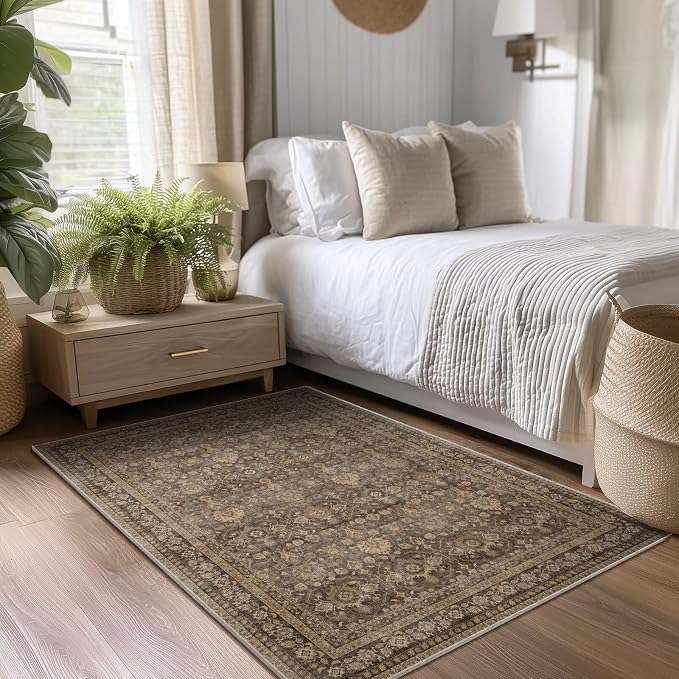 Washable 4x6 Rugs, Boho Vintage Non-Slip Distress Rugs, Deep Brown | 0.3" Neutral Throw Rugs for Bedroom Kitchen Nursery Living Room, Cushioned Area Rug for High-traffic
