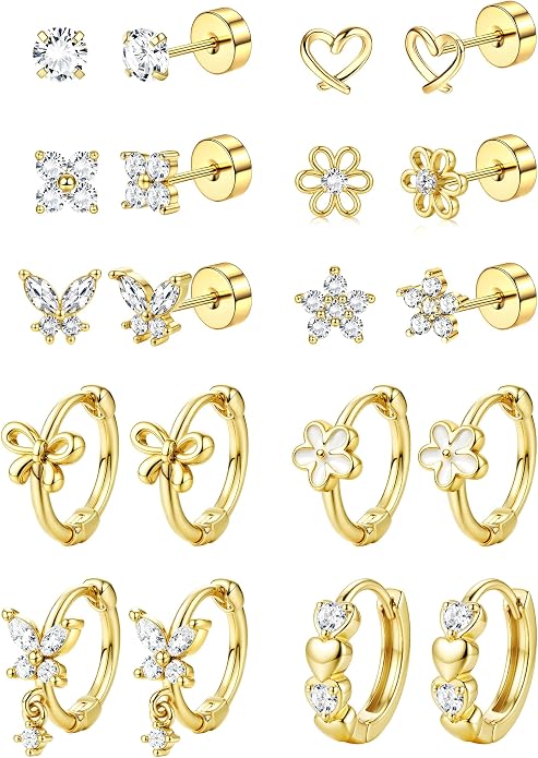 SAILIMUE Hypoallergenic Flat Back Earrings for Girls Women - Cute Toddler Kids Earrings Set Surgical Stainless Steel Earring for Sensitive Ears Small 14K Gold Plated Stud Hoop Earring Stacks