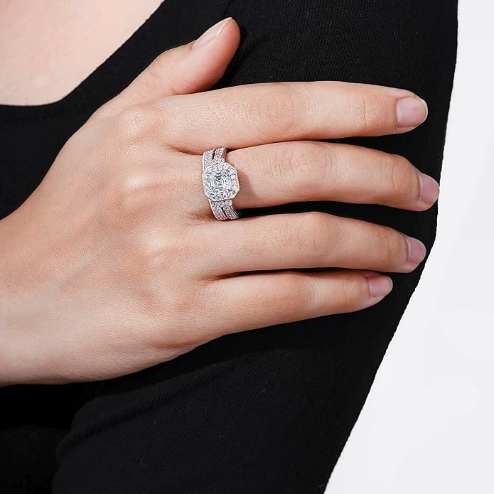 Amazon Essentials Platinum or Gold Plated Sterling Silver Antique Ring set with Asscher-Cut Infinite Elements Cubic Zirconia