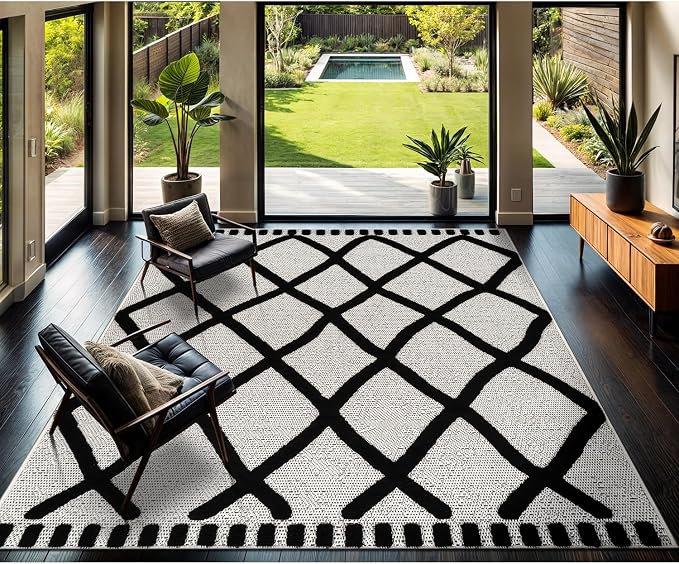 CAMILSON Modern Rug 10x14 Luxury Diamond Pattern Large Micro Loop Area Rugs Soft High-Low Pile Stain Resistant Easy to Clean Non-Shedding Durable Living Room Bedroom Indoor Carpet (Black/White)