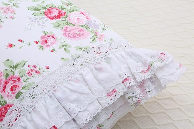 2-Pack Rose Floral Print Pillow Shams with Lace Ruffles Shabby Chic King Size Pillowcases 20" x 36 "Country Vintage Style