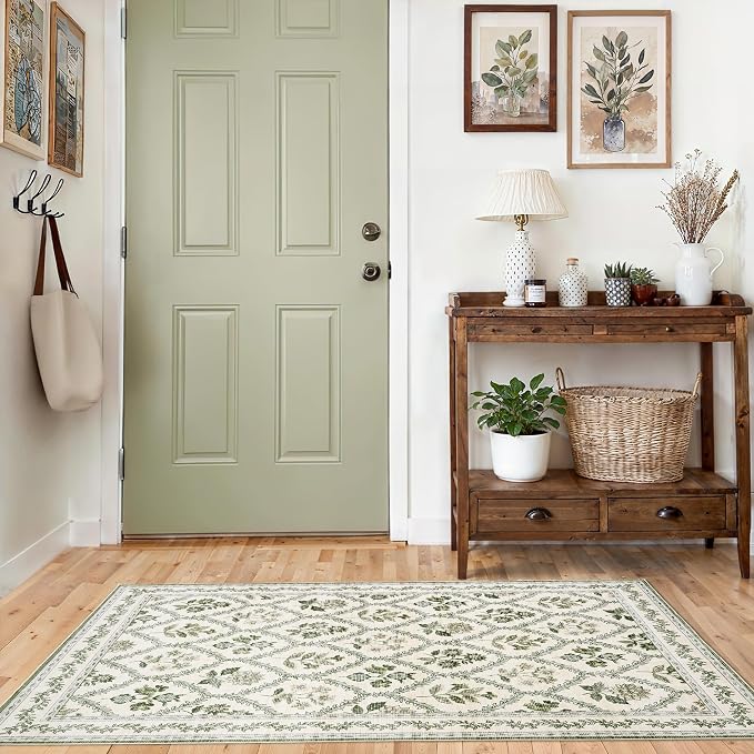 Green and Beige Rugs 4x6 Nursery Area Rugs Washable for Living Room, Christmas Faux Wool Soft Floral Boho Vintage Indoor Carpet for Bedroom, Dark Emerald Olive Green Flower and Leaf