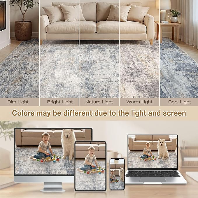 cotiled 9x12 Rugs for Living Room Abstract Soft Non Slip Washable Area Rug | Stain Resistant, Robot Vacuum & Pet Friendly, Low-pile, For Living Room, Bedroom, Dining Table, Nursery Blue/Brown