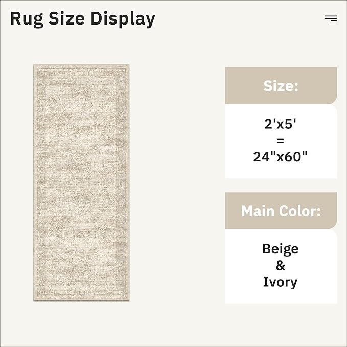Soalmost Runner Rug 2x5 Washable Non-Slip Kitchen Runner Rugs for Bathroom Laundry Room Beige Vintage Floor Carpet Runners for Hallway Entryway