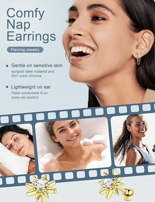 ORAZIO 16 Gauge Cartilage Earrings for Women-Hypoallergenic Surgical Stainless Steel Tragus Earring Set Threadless Flat Back Earrings Push in Nose Studs Daith Conch Tragus Helix Piercing Jewelry