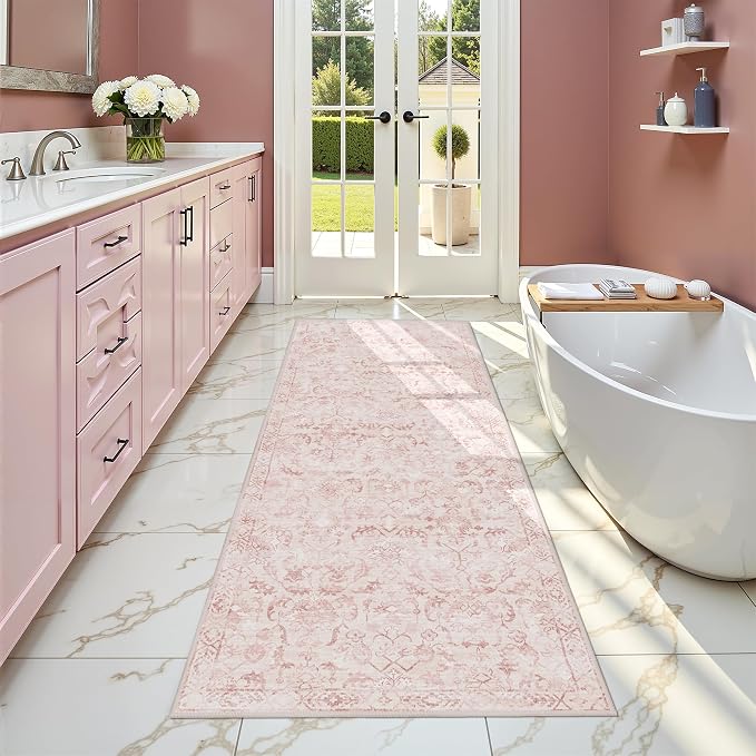 Pink 2x6 Runner Rug for Hallways Bed Side Kitchen, Boho Washable Distressed Low-Pile Floor Entryway Long Bathroom Mat, Non-Slip Laundry Room Washstand Front Carpet 24x72 Inch