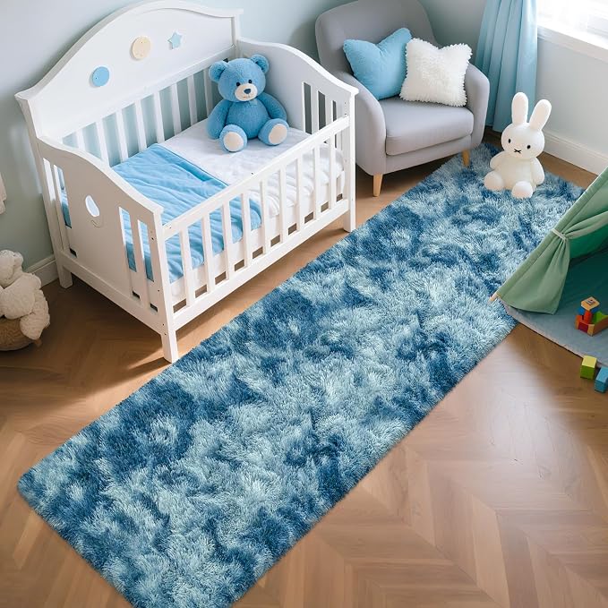 2x8 ft Plush High Pile Blue Tie-Dyed Rug Fluffy Soft Runner Bedside Rug for Bedroom Living Room Hallway Nursery Kids Home Decor Shag Carpet