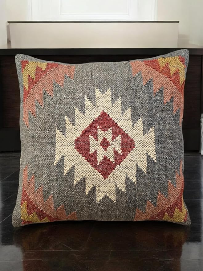 Kilim Pillow Cover Set of 4, 18 x 18 inches Wool Jute Cushion Cover, Handwoven Boho Vintage Decorative Throw Pilllow Case for Living Room & Bedrooms (D4-Set of-4)
