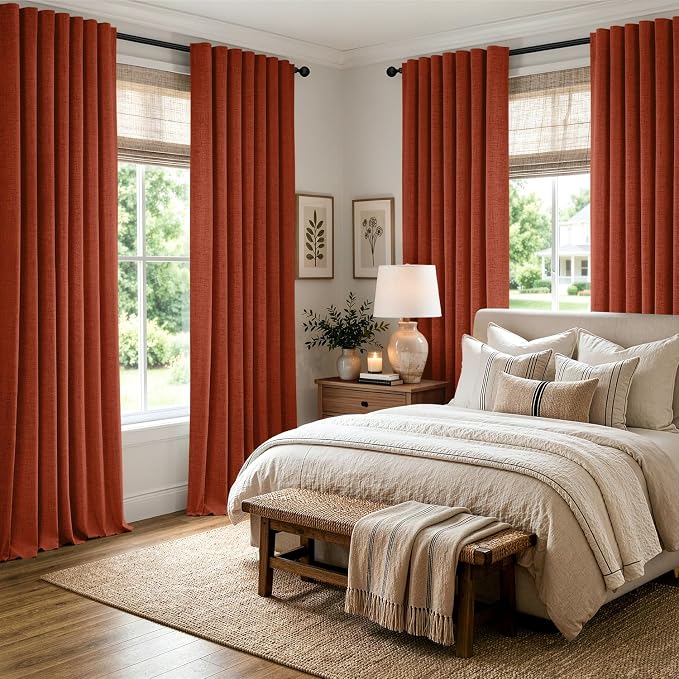 MIULEE Fall 100% Blackout Linen Curtains 42 x 72 Inch Burnt Orange 2 Panels | Thermal Insulated, Room Darkening Drapes for Bedroom Living Room, Back Tab Rod Pocket Pinch Pleated, Solid Luxury Decor