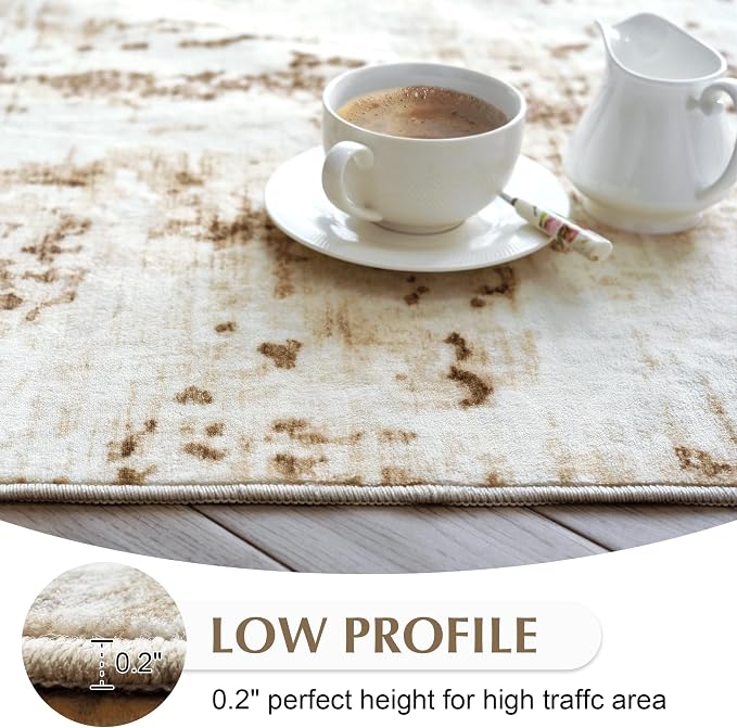 FMFUNCTEX 7x9 Washable Area Rug Brown Beige Neutral Abstract Modern Large Non Slip Carpet for Living Room Bedroom Soft Low Pile Indoor Mat Contemporary Throw Rug for Dining Kitchen Office Nursery