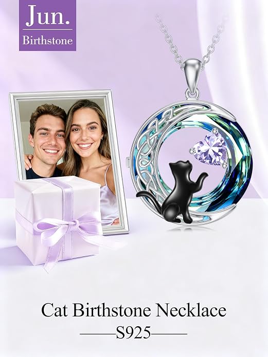 TOUPOP Cat Gifts for Cats Lovers 925 Sterling Silver Black Cat Necklace Celtic Moon Birthstone Jewelry for Women Anniversary Birthday Gift for Her Wife Mom
