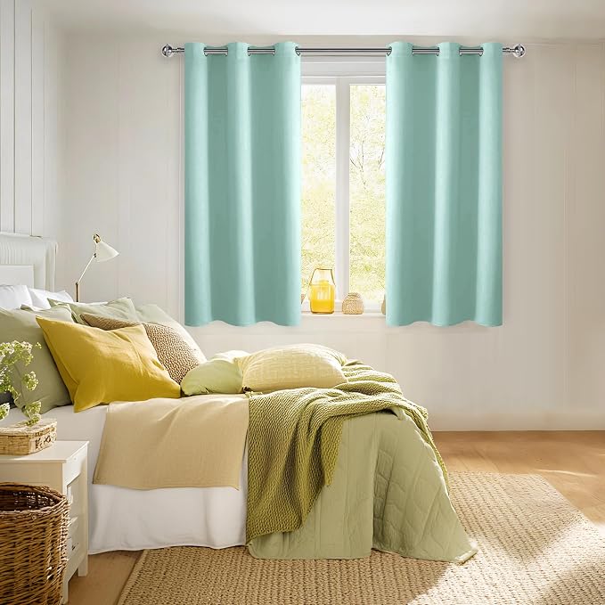 Hiasan Short Blackout Curtains for Bedroom - Thermal Insulated & Energy Saving Window Curtains for Living Room, 2 Drape Panels Sewn with Tiebacks, Aqua, 38 x 45 Inch