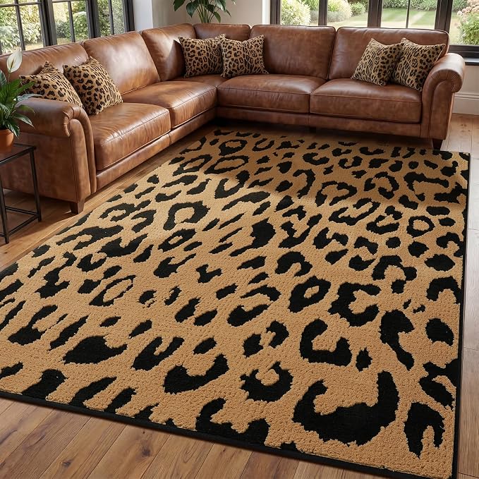YIHOUSE 5×7 Ft Leopard Area Rugs, Washable High-Low Pile Plush Soft Rug, Non-Slip Non-Shedding Animal Cheetah Carpet for Living Room, Bedroom, Dining Room, Nursery, Home Decor