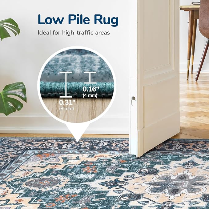 Lessymo Area Rug 6x9, Machine Washable Area Rugs, Super Soft Faux-Wool Area Rugs for Living Room Bedroom Kitchen, Boho Vintage Floral, Non-Slip Low Pile, Kid & Pet Friendly, Dark Green