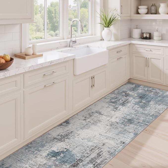 Abstract 2x8 Runner Rug: Machine Washable Non Slip Ultra Thin Low-Pile Carpet, Soft Stain Resistant for Hallway Kitchen Bathroom, Kid Pet Friendly, Robot Vacuum Compatible - Grey Blue