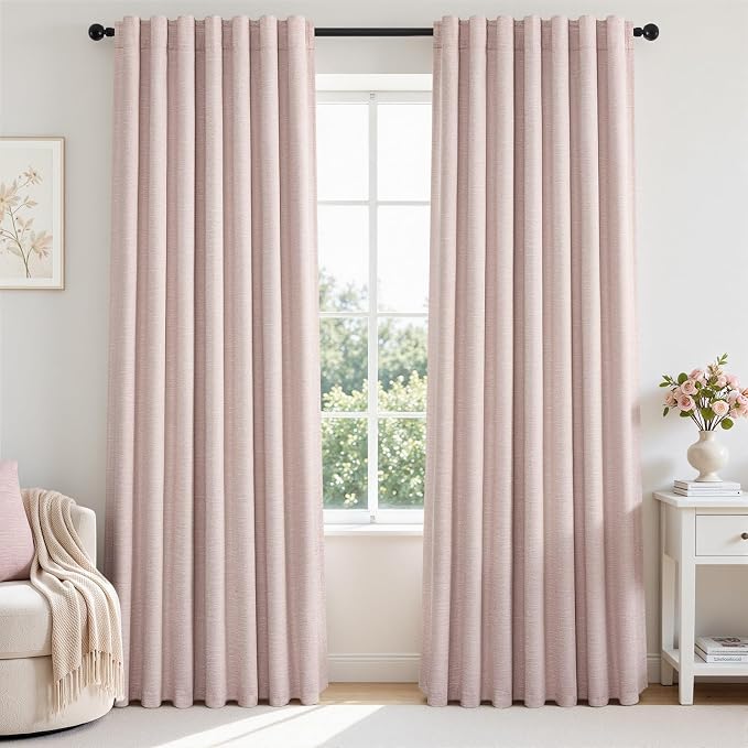 Topfinel 92 Inch Linen Curtains 2 Panels Set for Living Room Bedroom Memory Training Shape Blush Pink Baby Girl's Room Drapes with Hooks Rings 100% Blackout Window Curtain Light Pink