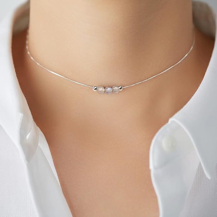 Dainty Crystal 925 Sterling Silver Choker Collar Necklace Handmade With 3 Beads Birthstone Jewelry Gifts for Women Young Lady Mother Friends Keenove