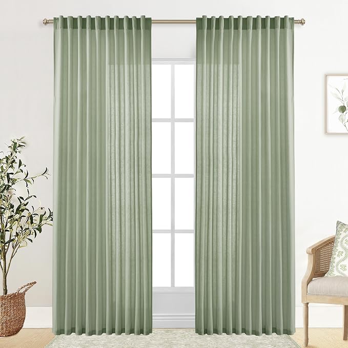 XTMYI Country Curtains for Living Room,Sheer Linen Curtains for Bedroom 90 Inches Long,70 Inches Wide Sage Green