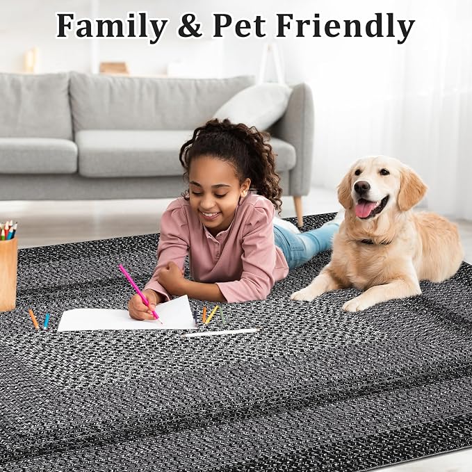 Modern Bordered Round Area Rug 4ft Washable Bedroom Circle Rugs Non Slip Stain Resistant Dining Room Round Throw Carpet Contemporary Circle Mats for Living Room Kitchen Nursery, Black