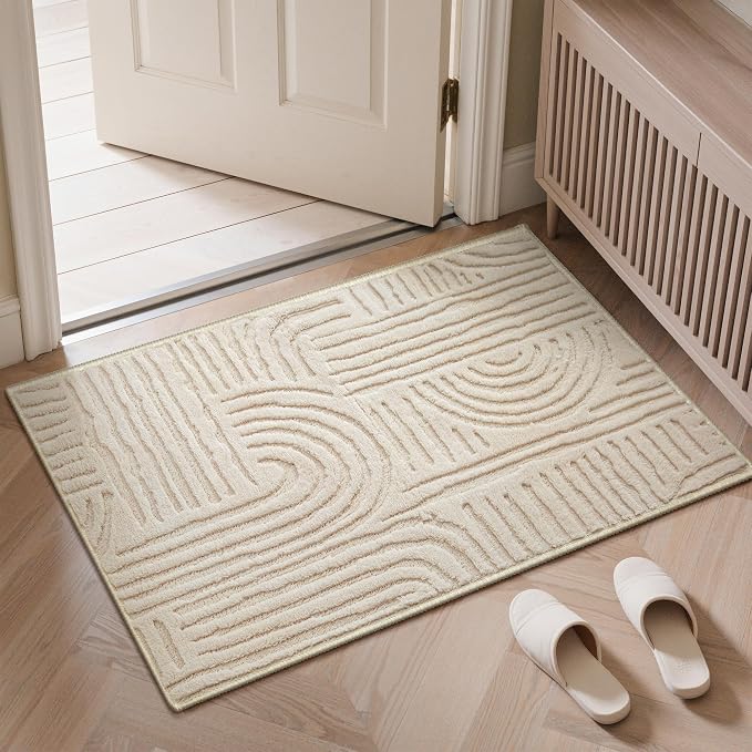 GENIMO Soft 2x3 Washable Entryway Rug Non Slip, 3D Modern Arch Pattern Door Mat, High-Low Pile Textured Non Slip Fuzzy Carpet, Non-Shedding Stain Resistant Beige Rugs for Bathroom Kitchen Entrance