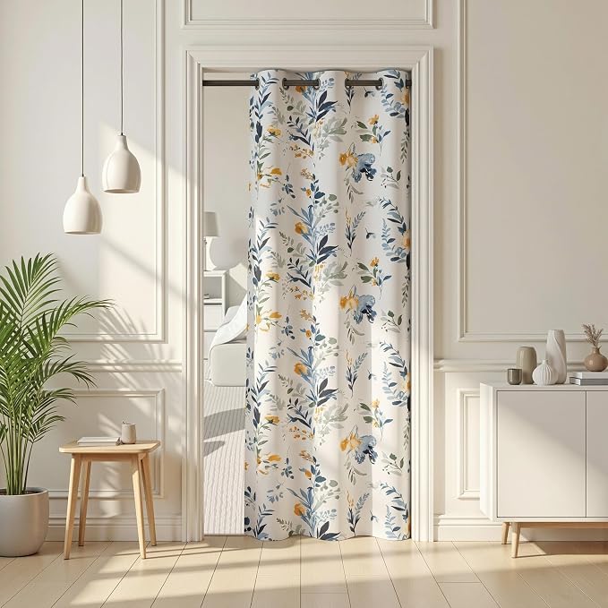 MYSKY HOME Floral Blackout Door Curtain 80 inch Long for Doorway Privacy Grommet Closet Curtain for Open Closet Room Divider for Bedroom Living Room, 1 Panel, Yellow and Blue, 34" W