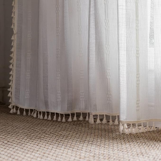 Boho Curtains Embroidery Linen Curtains 108 Inches Long 2 Pannels for Bedroom Off White Country Farmhouse Curtains Light Filtering Curtains for Living Room Rod Pocket Drapes(52" W x 108" L,White)