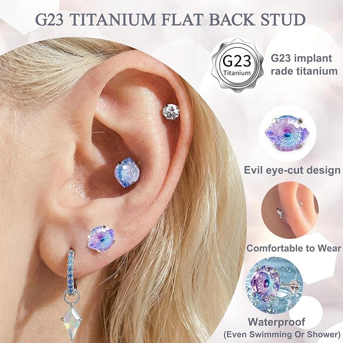Flat Back Titanium Stud Earrings, Hypoallergenic G23 Titanium Eye Cut Cubic Zirconia Piercing,Eyebrow Versatile Labret Lip Cartilage Helix Sleeper 18G Punk style Jewelry for Women Men
