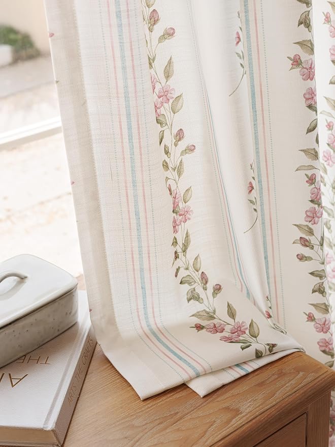DrapePalette - Linen Blend Pinch Pleated Curtains 108 Inches Long for Living Room, Bedroom, Dining Room, Light Filtering Curtains 2 Panels Set, Modern Floral Printed Design, Pink Pearl, 30" W x 108" L