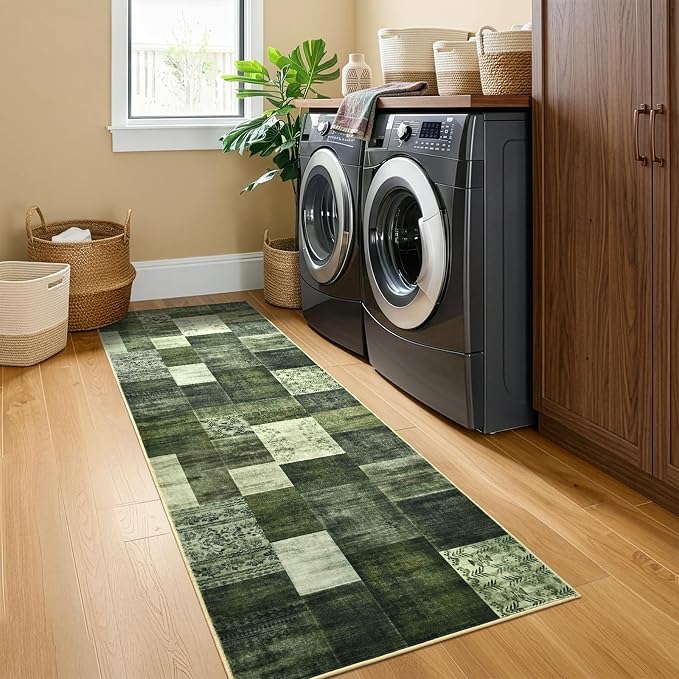 DweIke Runner Rug for for Hallways, 2'x6' Washable Kitchen Rugs with Non Slip Rubber Backing, Soft Low Pile Non-Shedding Geometric Carpet for Laundry Bedroom Bathroom, Green