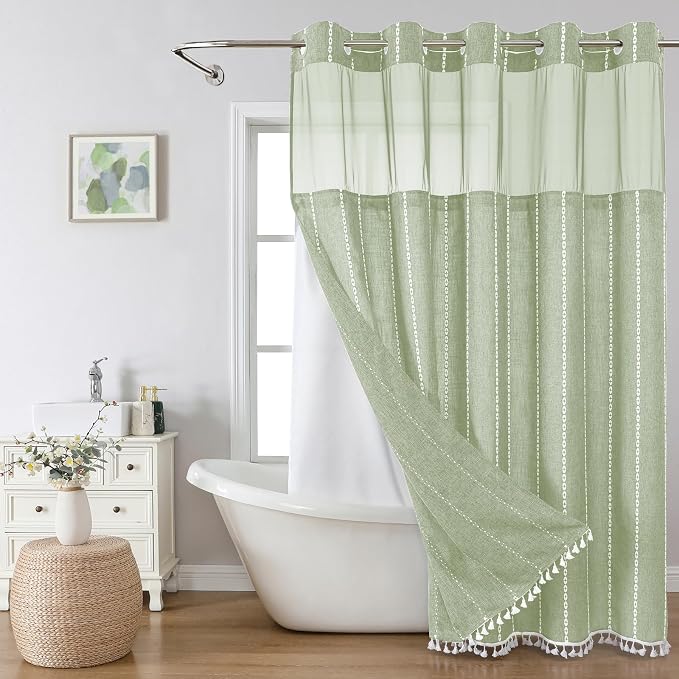 eachope Sage Green Farmhouse No Hook Shower Curtain Set with Snap-in Fabric Liner,Boho Heavy-Duty Linen Textured Rustic Striped Design,Water-Repellent with Tassels and Sheer Window,71x74