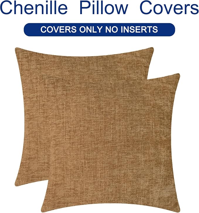 CaliTime Throw Pillow Covers Decorative 18 X 18 Inches Pack of 2 Cozy Chenille Cushion Case for Couch Sofa Bed Living Room Home Apricot Brown